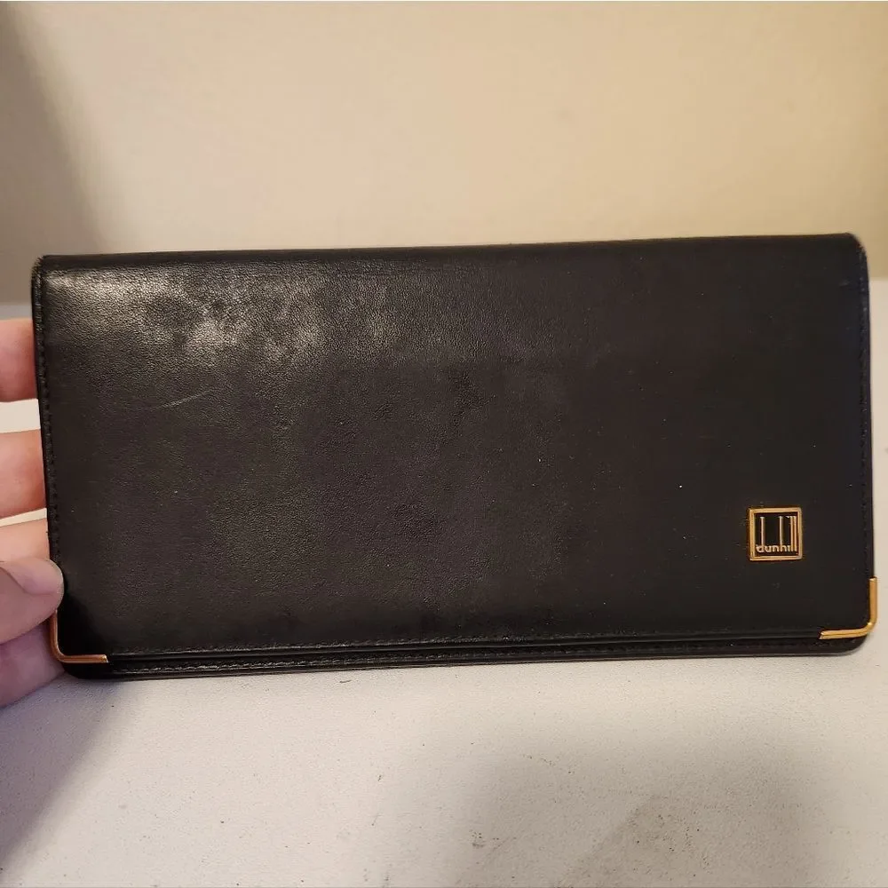 Dunhill Black Leather Long Wallet with Gold Accents